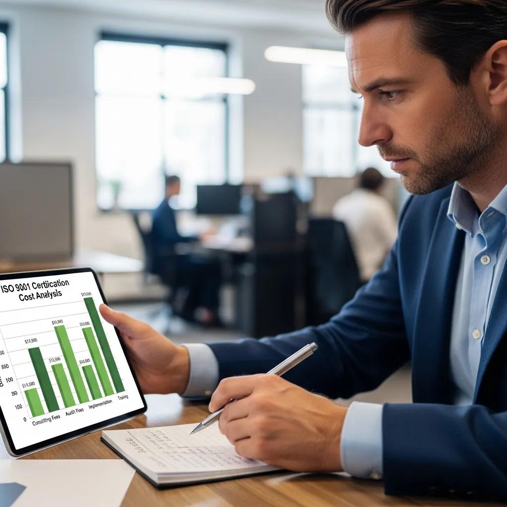Business professional analyzing ISO 9001 certification cost factors in an office setting