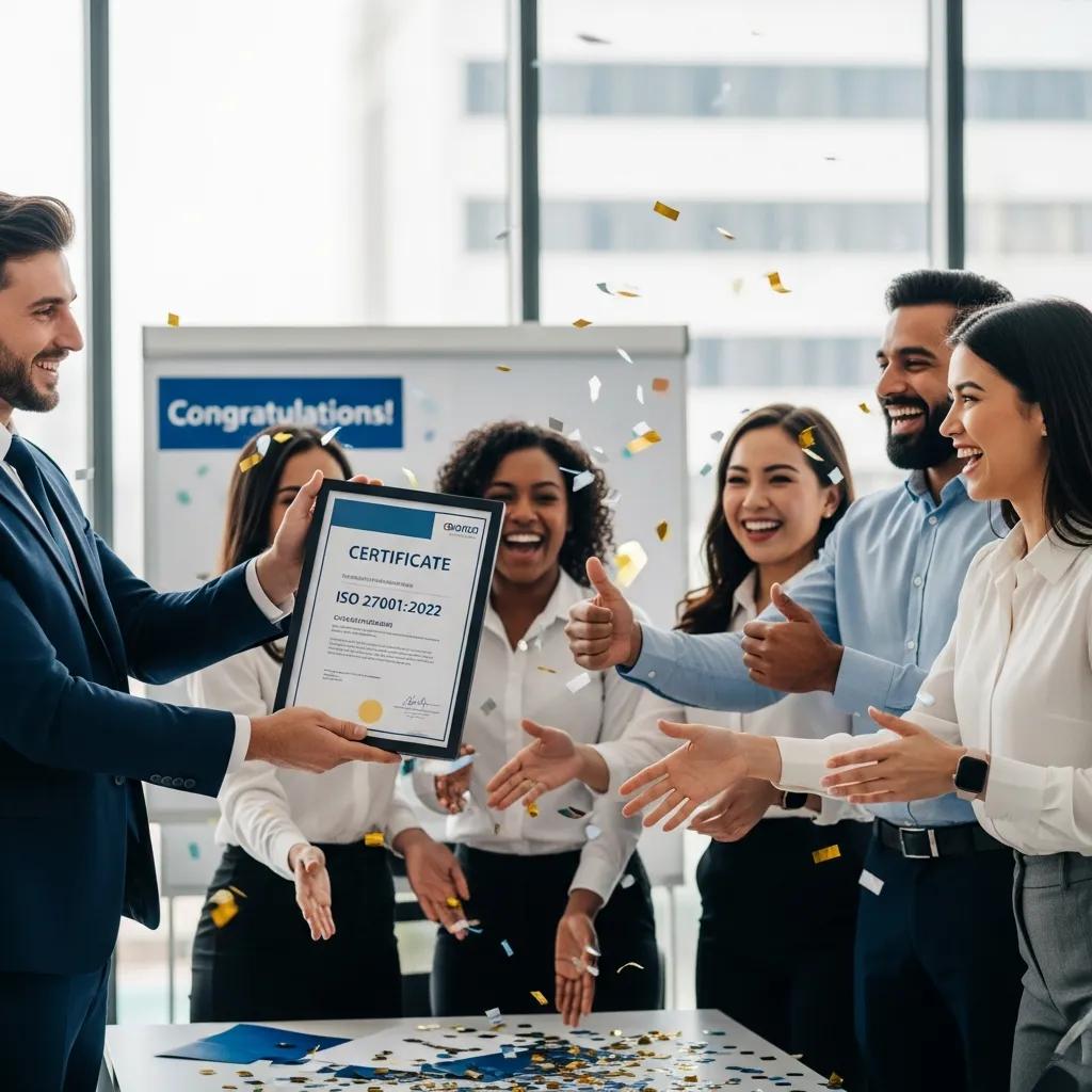 Business professional presenting ISO 27001:2022 certification to a team in a celebratory office