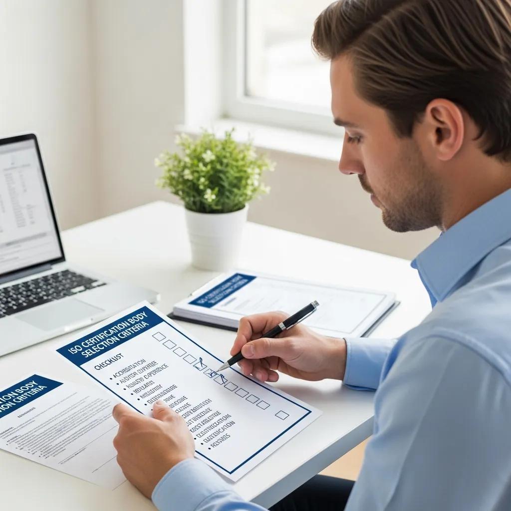 Business professional reviewing a checklist for selecting an ISO certification body