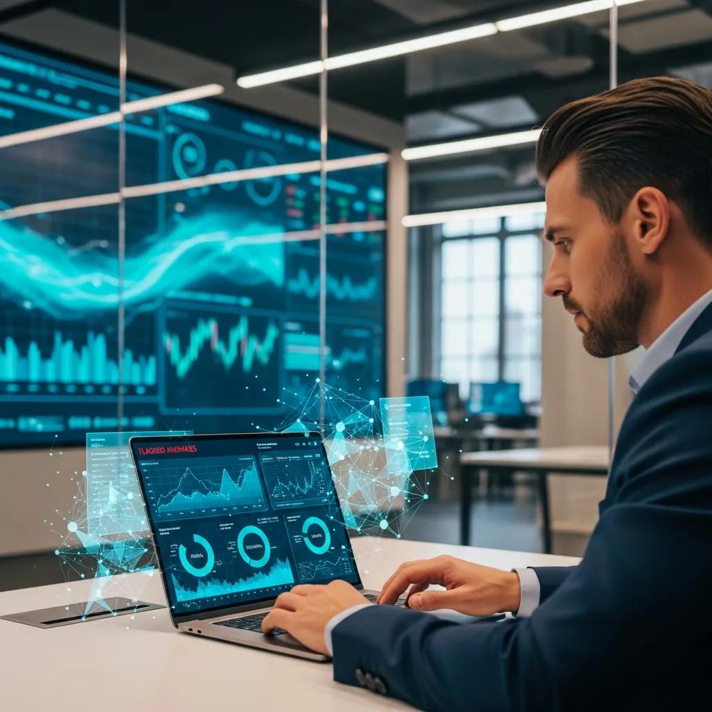 Business professional utilizing AI analytics for compliance verification in a modern office