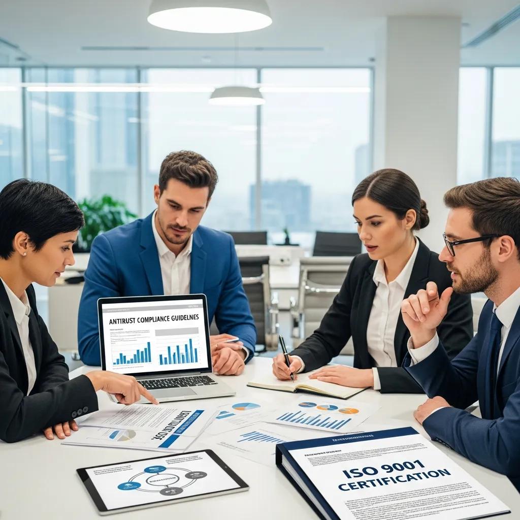 Business professionals collaborating on antitrust compliance strategies in a modern office