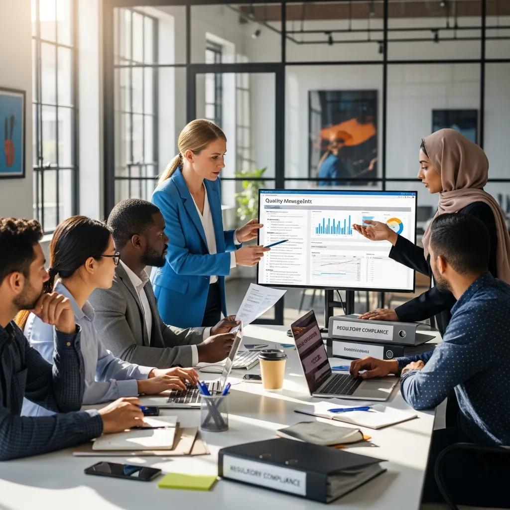 Business professionals collaborating on compliance management in a modern office