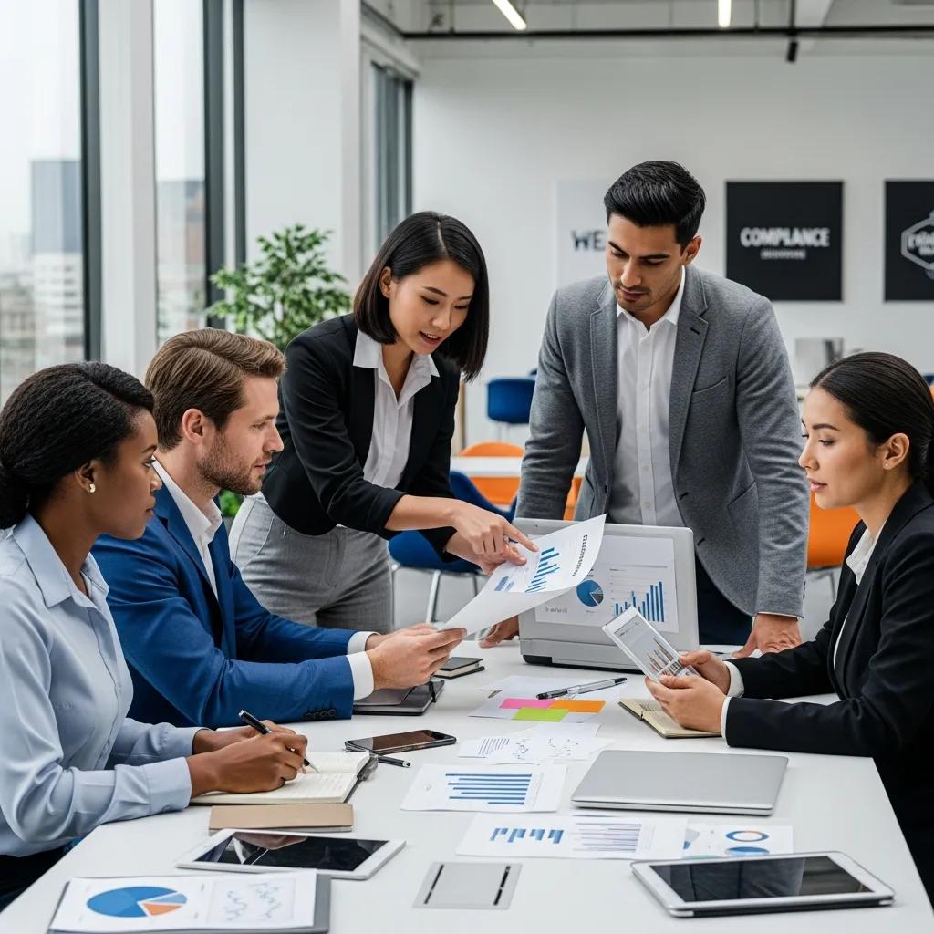 Business professionals collaborating on compliance strategies in a modern office