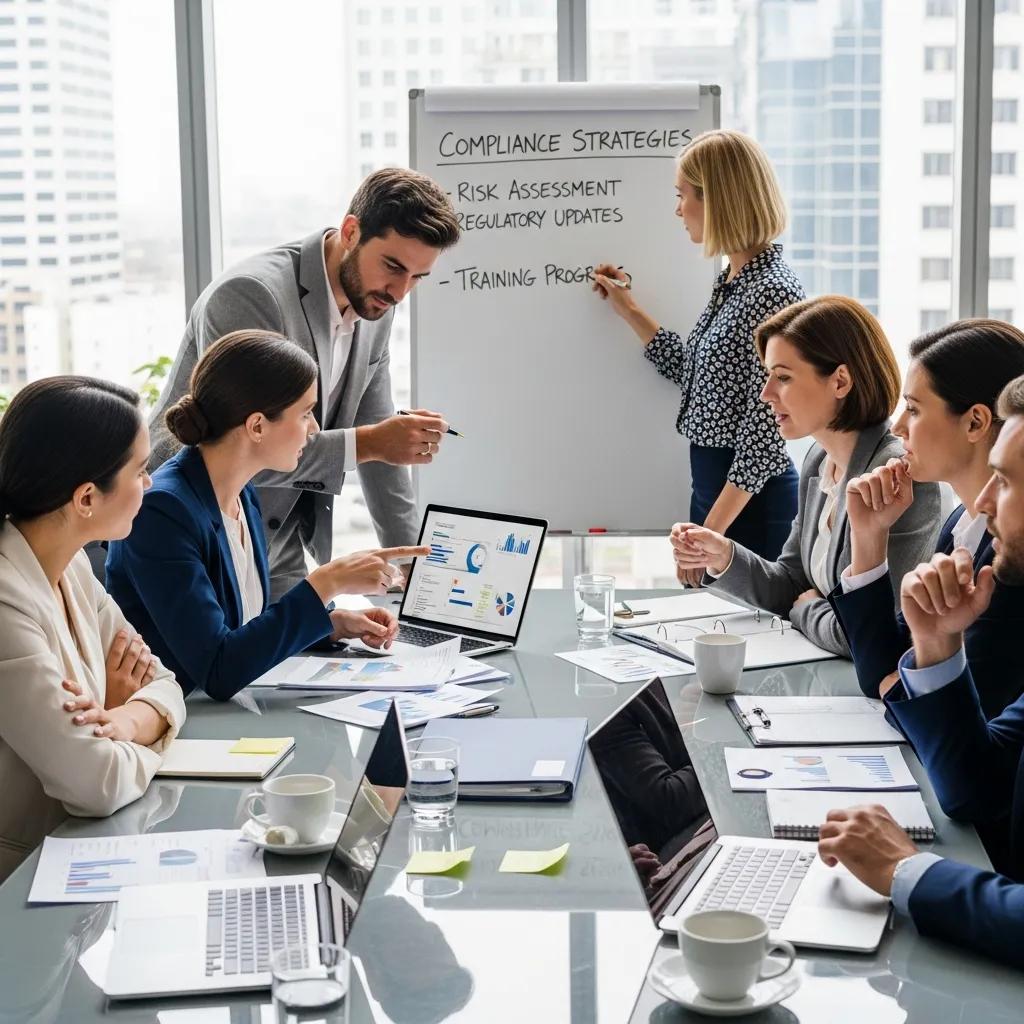 Business professionals collaborating on compliance strategies in a modern office
