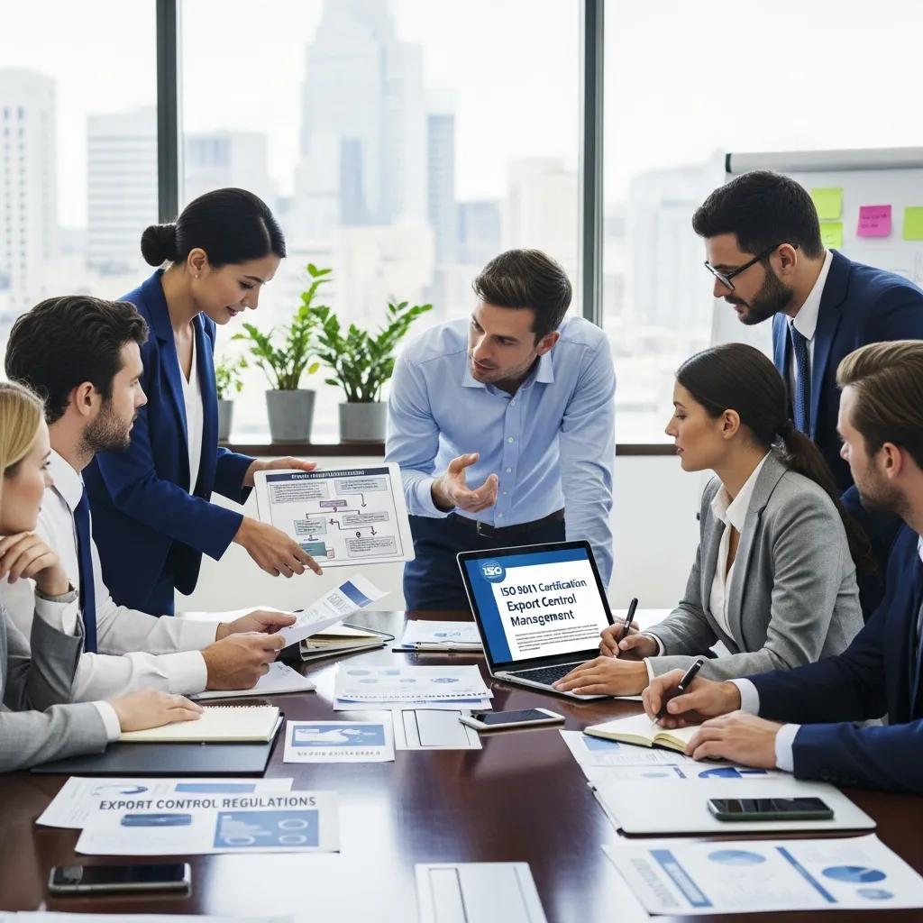 Business professionals collaborating on export control compliance strategies in a modern office