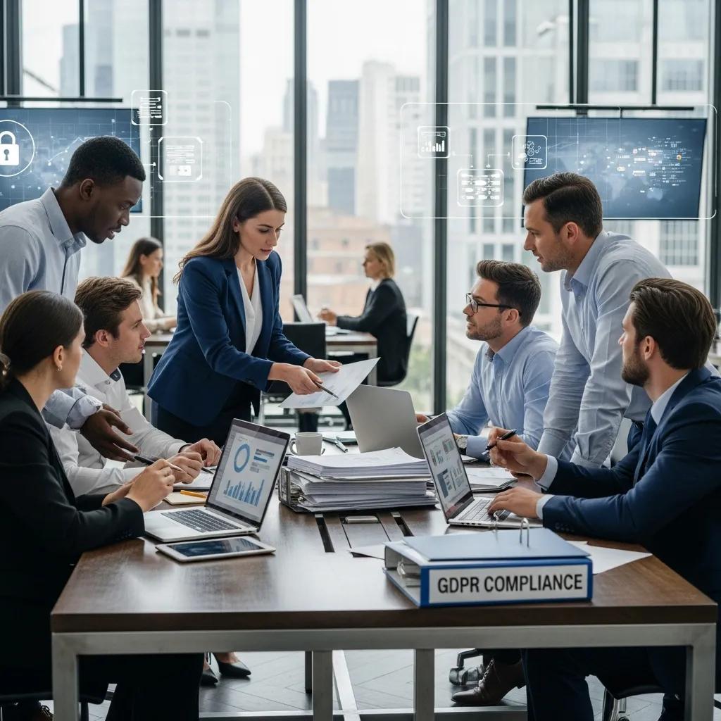 Business professionals collaborating on GDPR compliance in a modern office