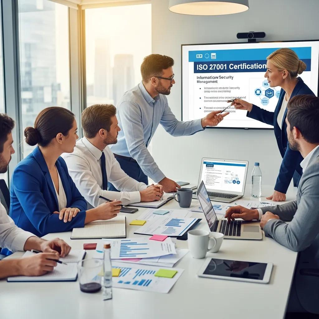 Business professionals collaborating on ISO 27001 certification in a modern office