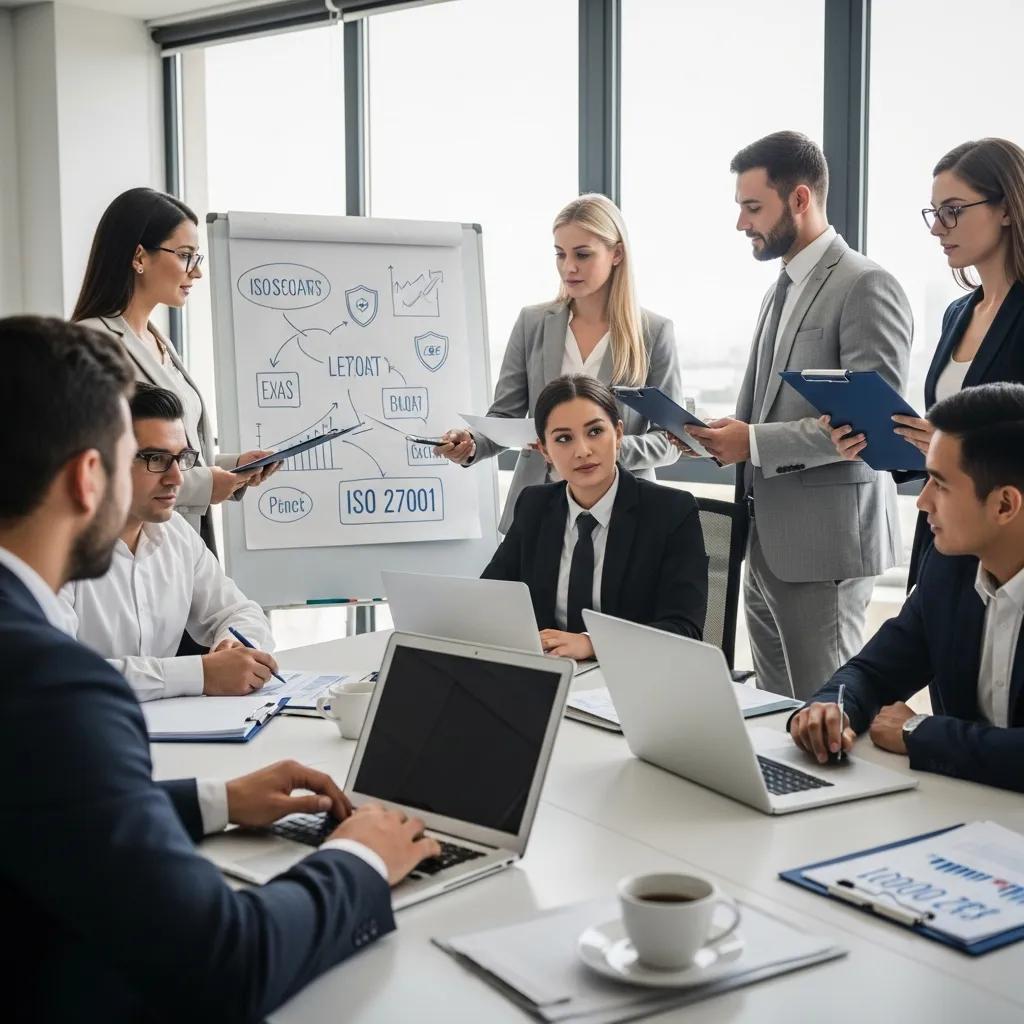 Business professionals collaborating on ISO 27001 certification strategies in a modern office