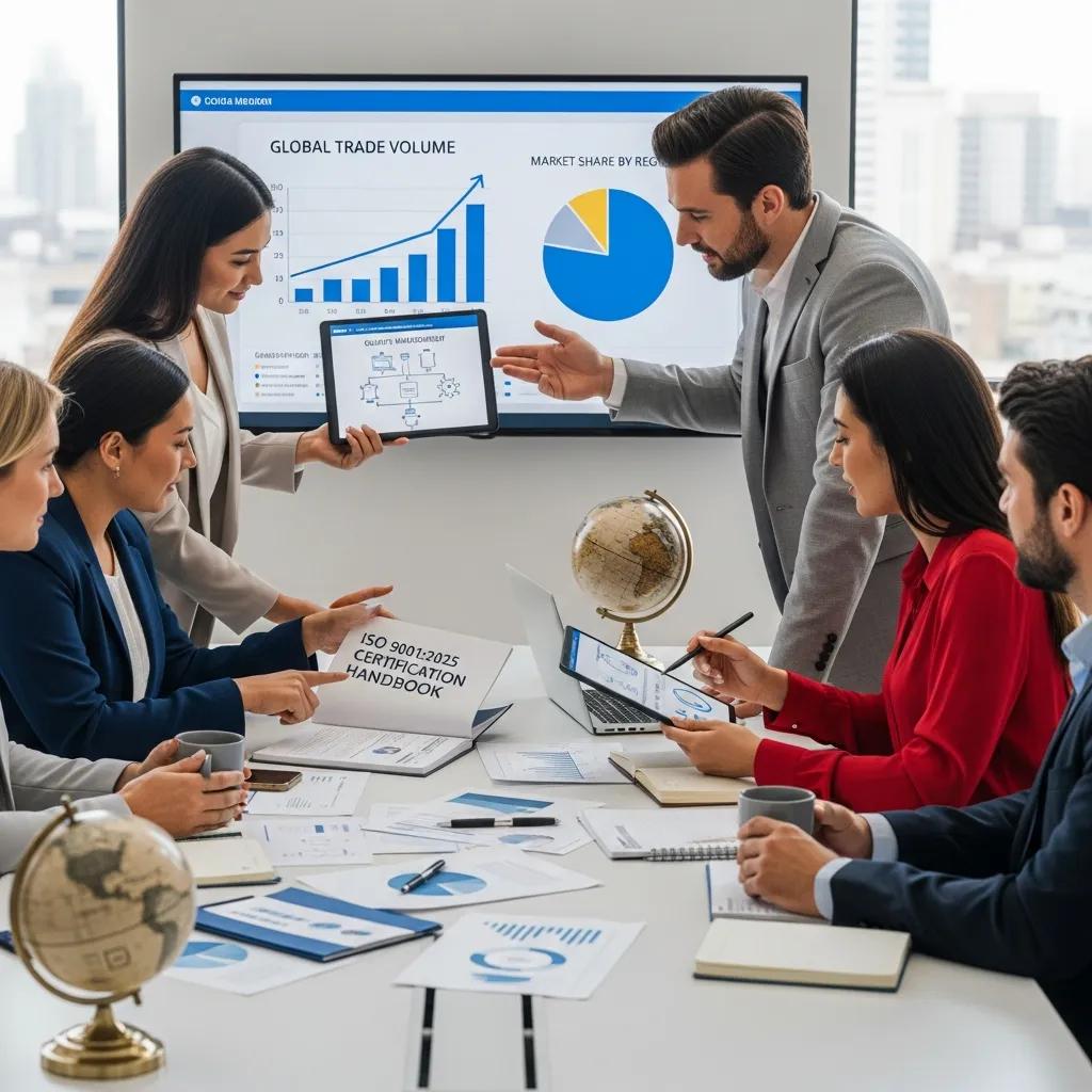 Business professionals collaborating on ISO 9001 certification in a modern office
