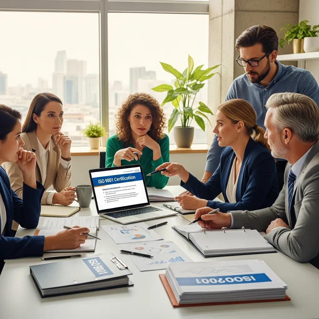 Business professionals collaborating on ISO 9001 certification in a modern office