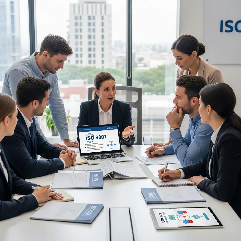 Business professionals collaborating on ISO 9001 certification strategies in a modern office