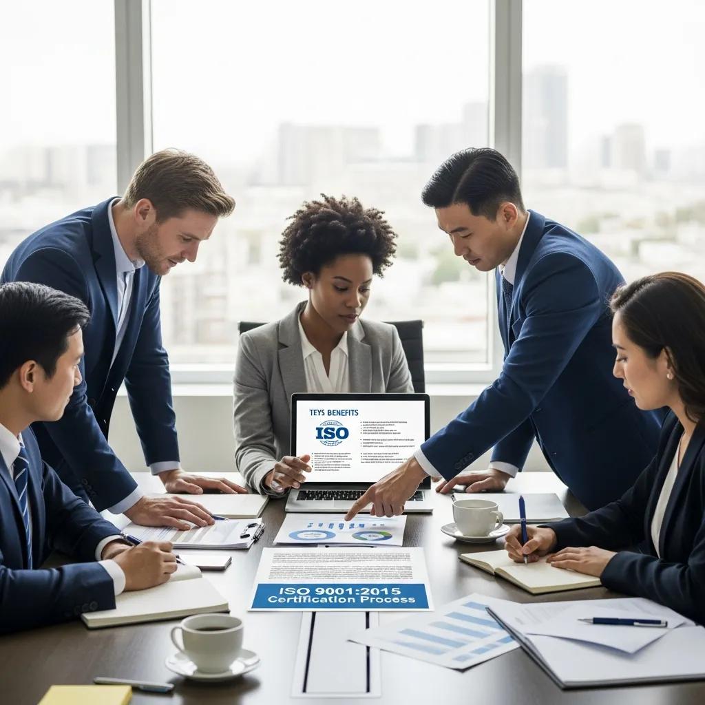 Business professionals collaborating on ISO certification in a modern office