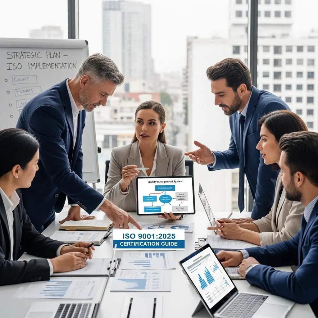 Business professionals collaborating on ISO certification strategies in a modern office