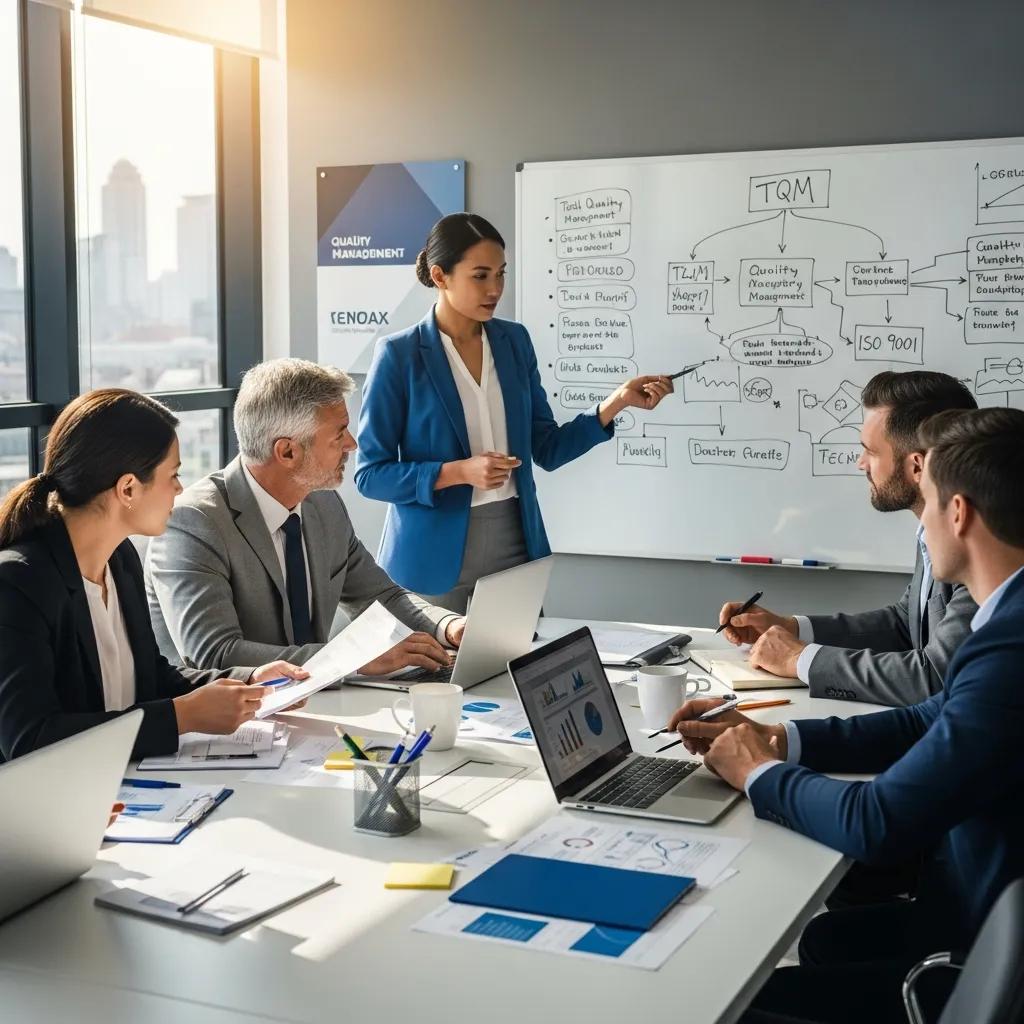 Business professionals collaborating on quality management principles in a modern office