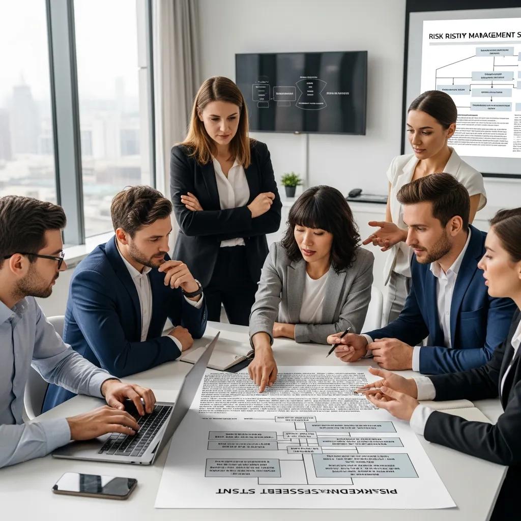 Business professionals collaborating on risk management strategies in a modern office