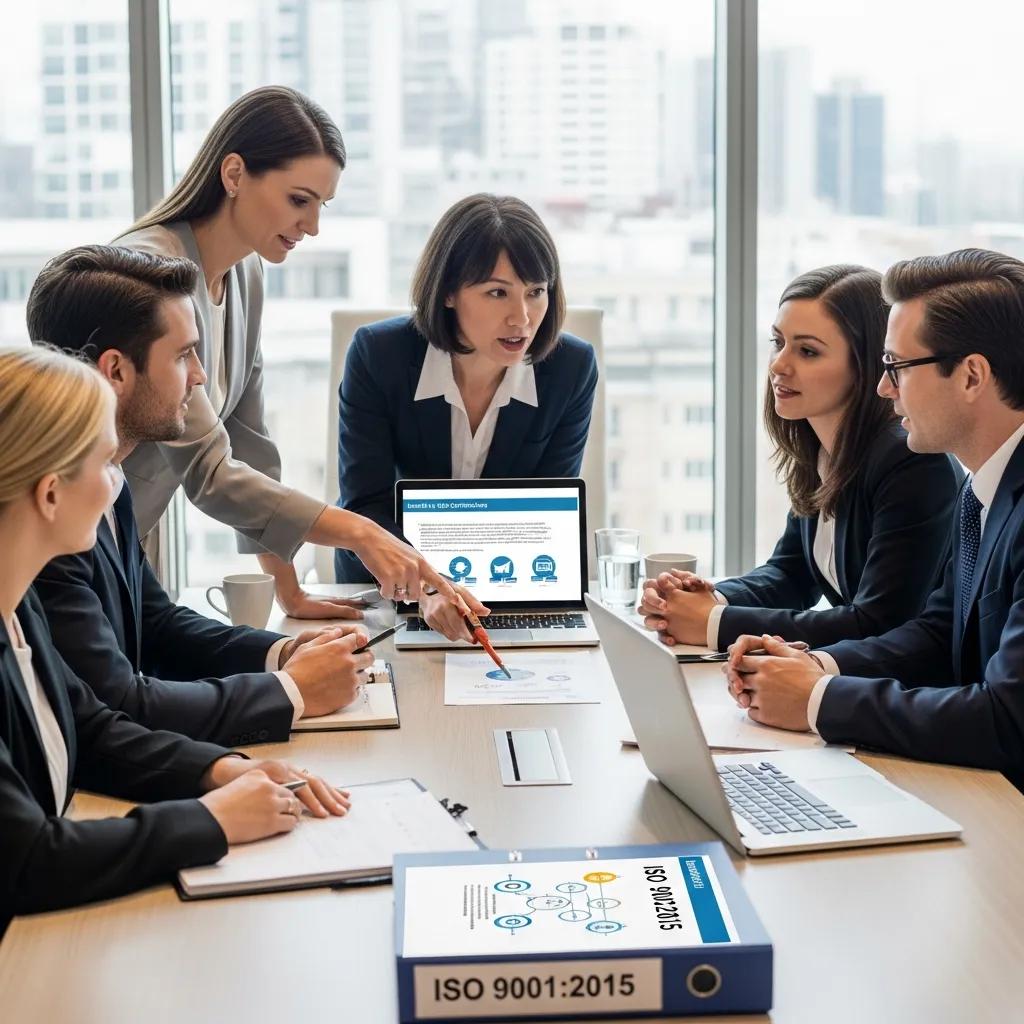 Business professionals discussing ISO certification in a modern office setting