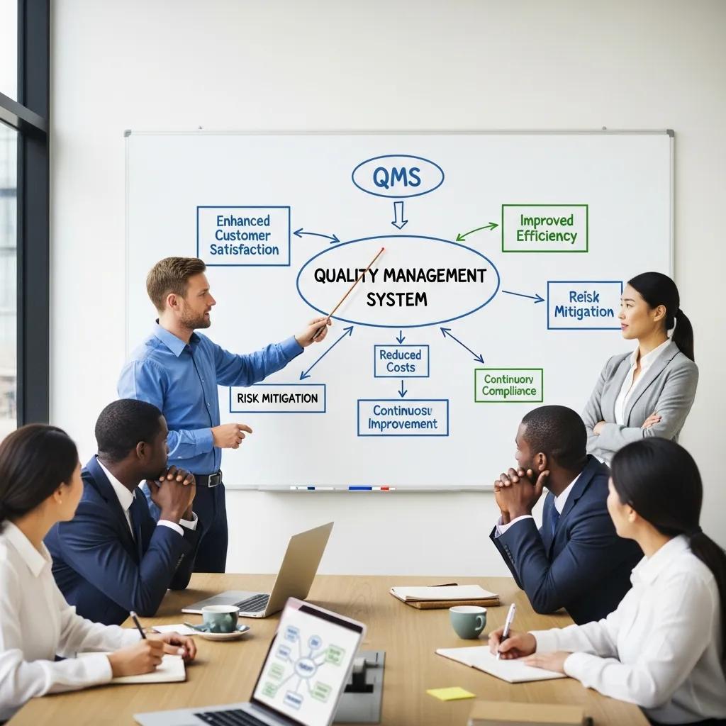 Business professionals discussing the benefits of a quality management system for compliance