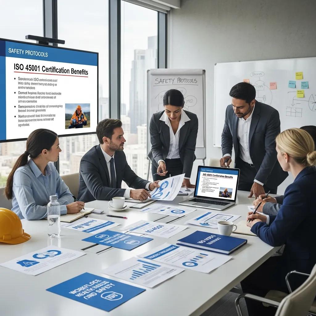 Business professionals discussing the benefits of ISO 45001 certification in a modern meeting room