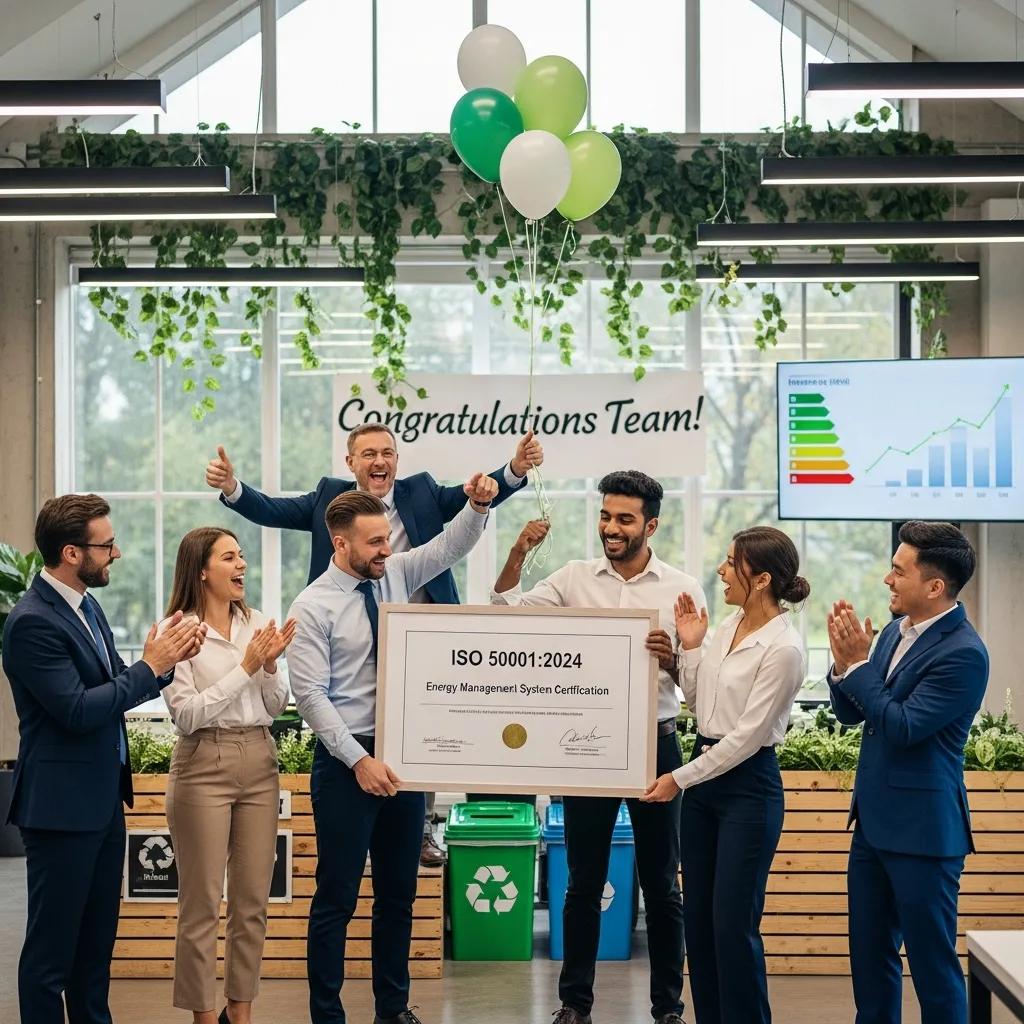 Business team celebrating ISO 50001 certification in a sustainable office