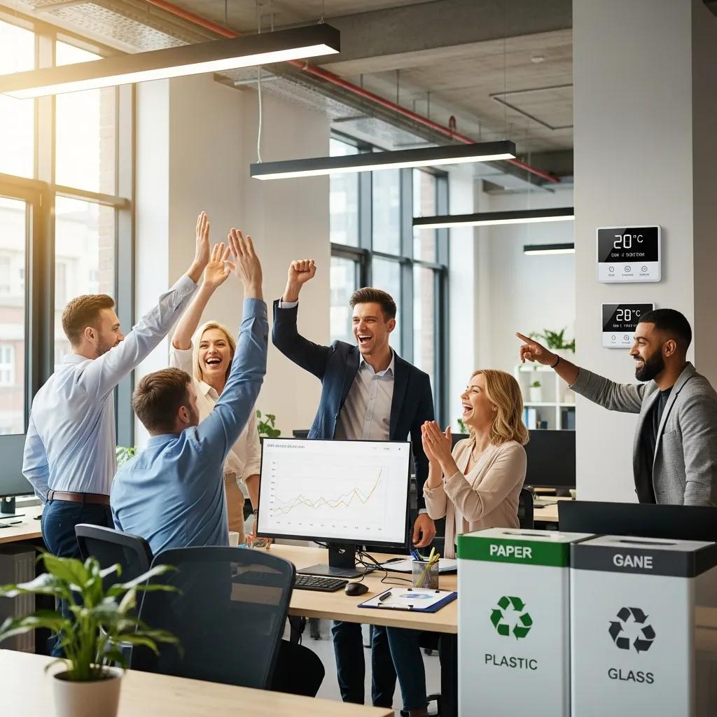 Business team celebrating success in an eco-friendly office, illustrating benefits of ISO 14001 certification