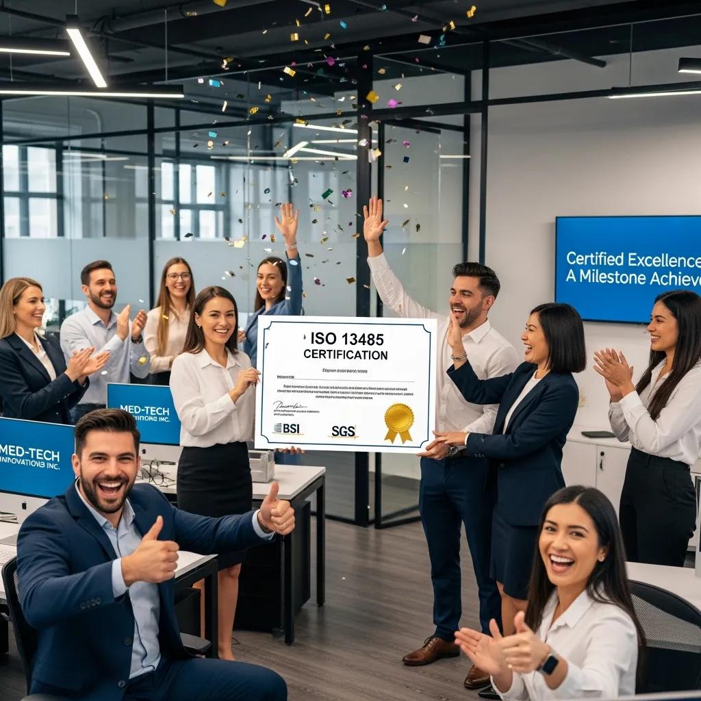 Celebration of ISO 13485 certification achievement in a professional setting