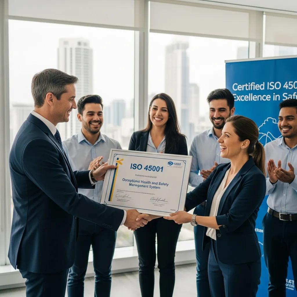 Certification ceremony for ISO 45001 with employees celebrating the achievement in a modern office