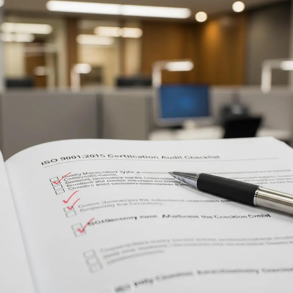 Checklist for ISO 9001 certification requirements on a quality management document