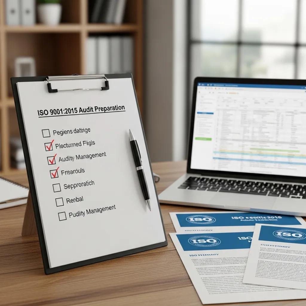 Checklist for ISO 9001 re-certification process on a desk
