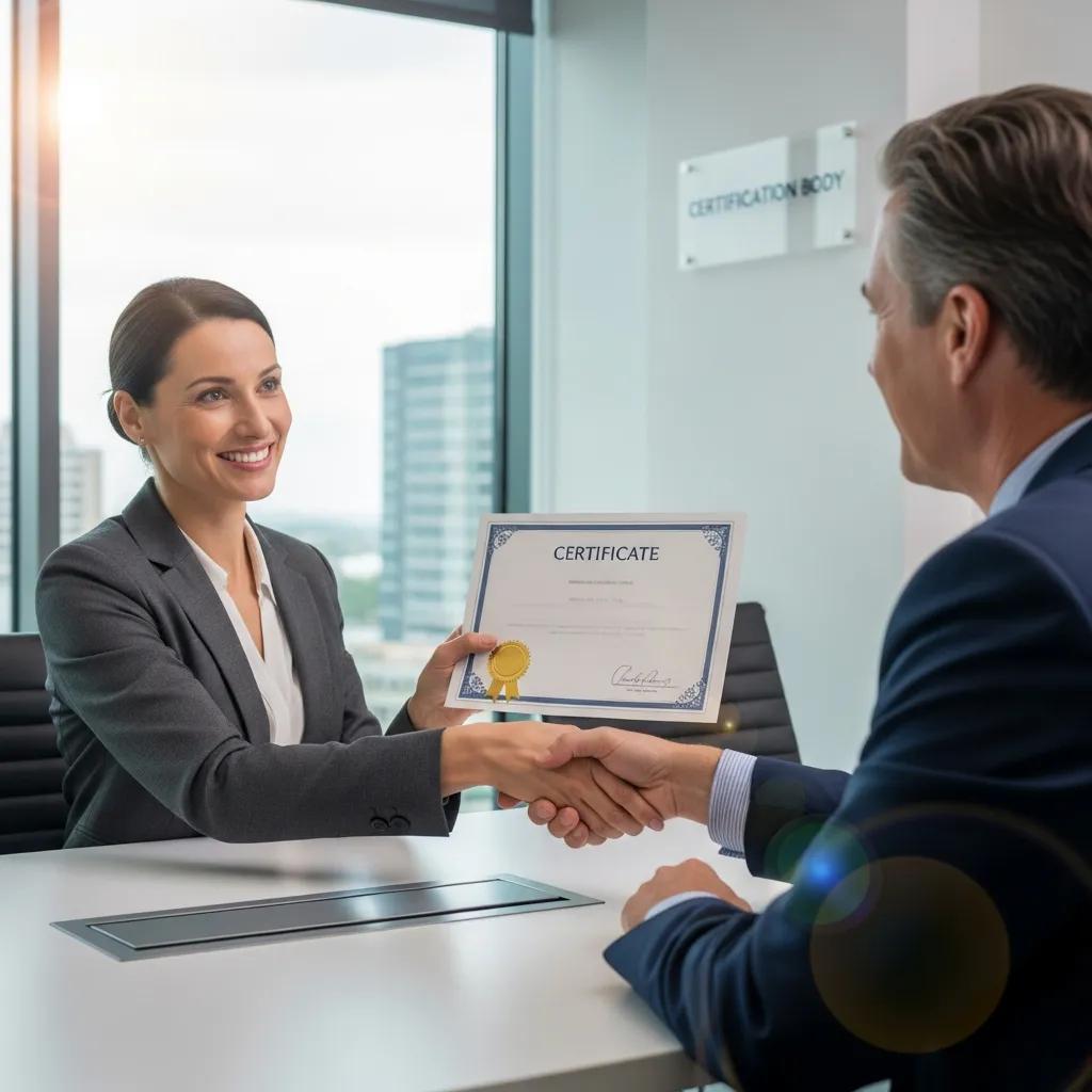 Client receiving ISO 9001 certification in a professional office environment