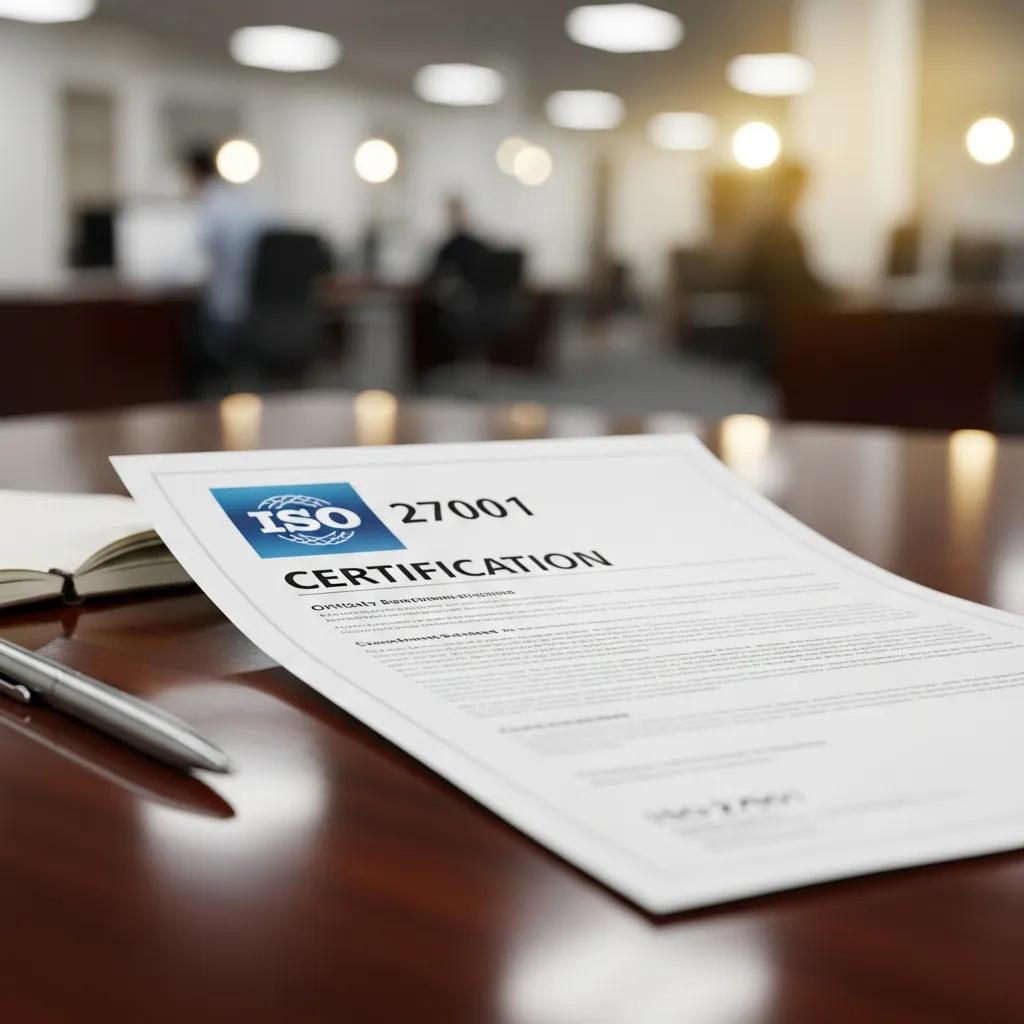 Close-up of ISO 27001 certification document in a professional office environment