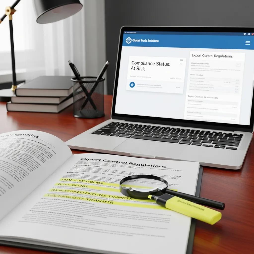 Close-up of legal documents and compliance software related to export control regulations