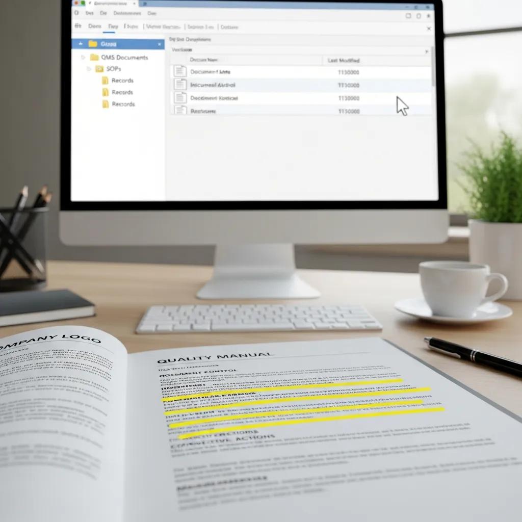 Close-up of quality management system document highlighting ISO 9001 requirements