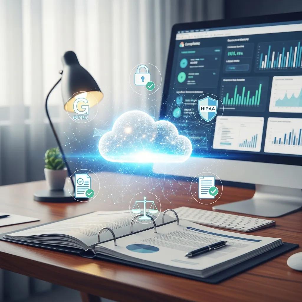 Cloud computing concept with compliance icons in a modern workspace