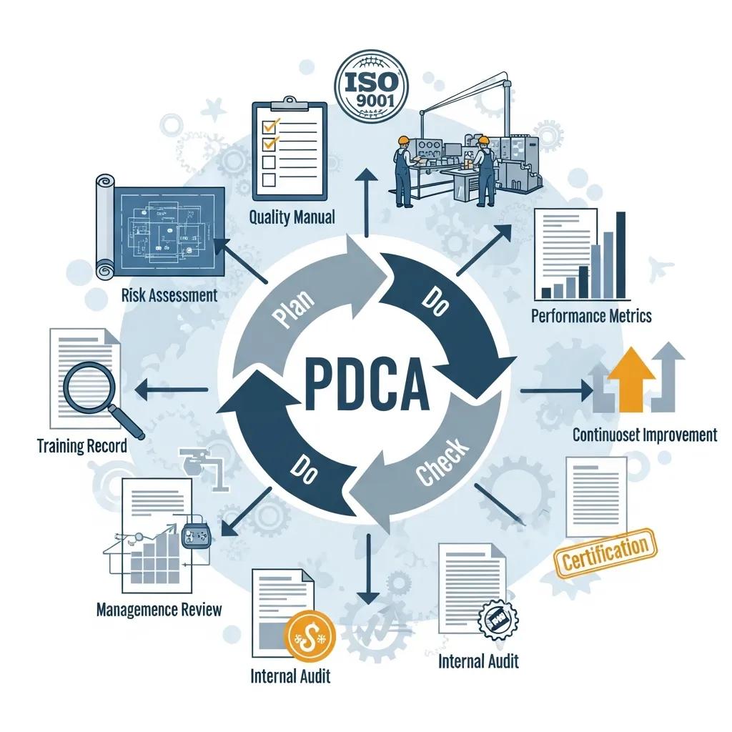 Conceptual image showing the integration of the PDCA cycle with ISO 9001 standards, emphasizing compliance and quality assurance