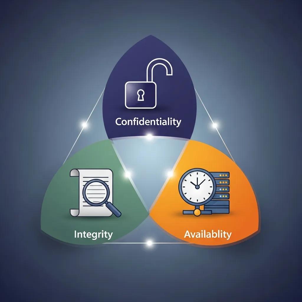 Conceptual representation of the CIA triad in information security with symbolic icons