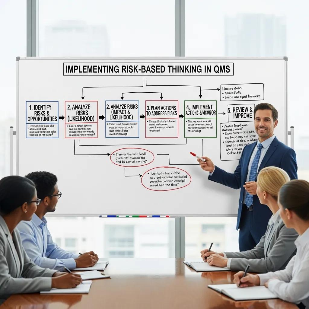 Consultant explaining the implementation steps of risk-based thinking in quality management
