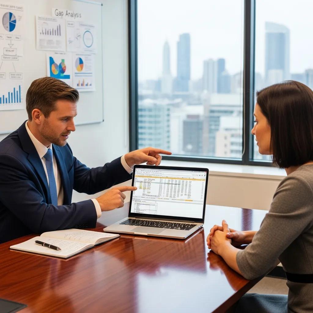 Consultant performing gap analysis with a client in a corporate setting