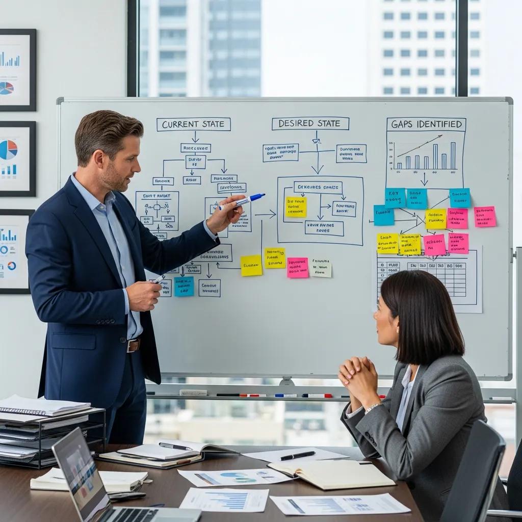 Consultant performing gap analysis with a client in a professional setting