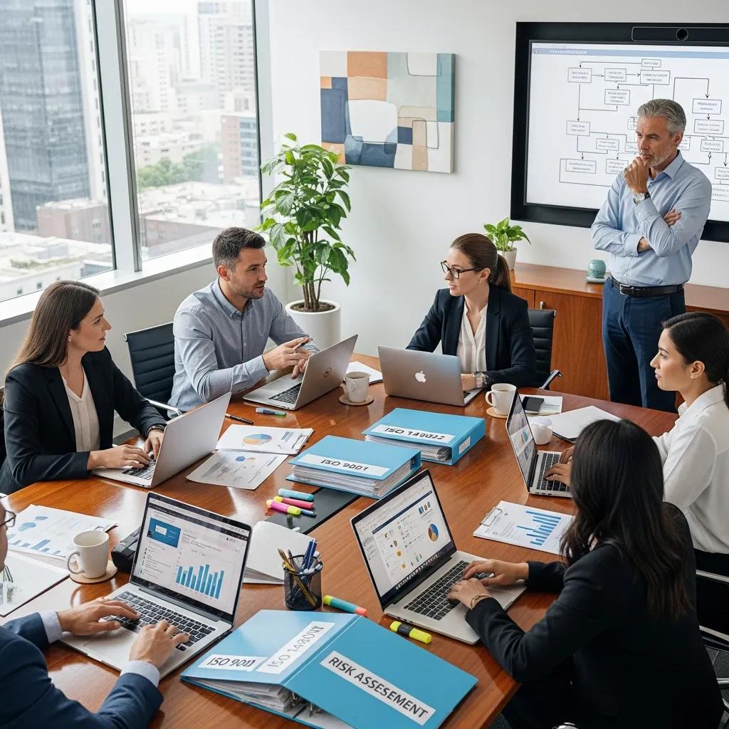 Consultants discussing ISO certification strategies in a modern office setting