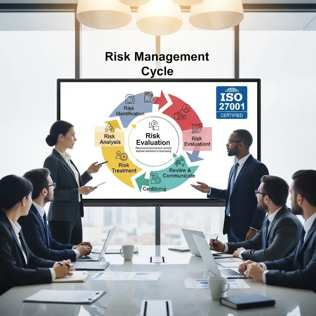 Corporate professionals discussing the risk management cycle as part of ISO 27001 implementation