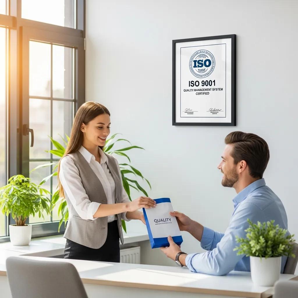 Customer satisfaction illustrated with ISO 9001 certificate in the background