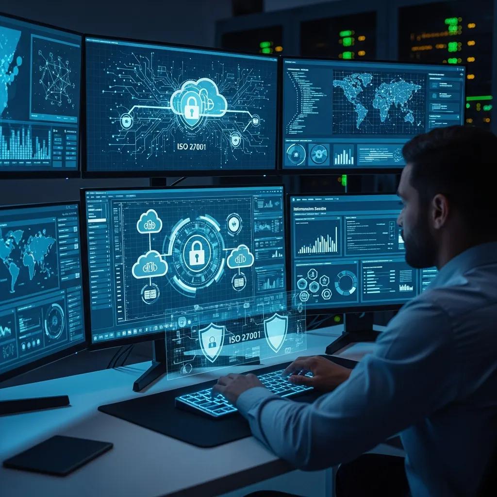 Cybersecurity professional monitoring cloud data for ISO 27001 compliance