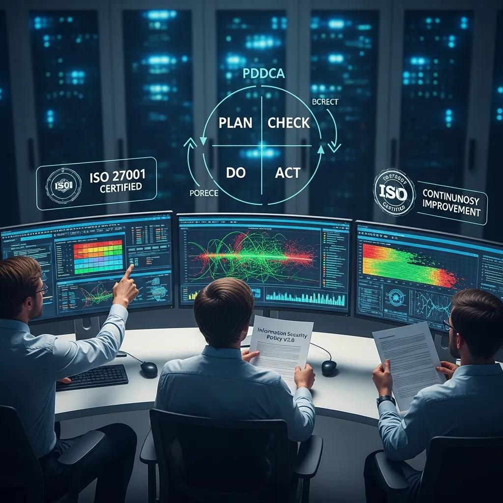 Cybersecurity team analyzing data for ISO 27001 information security management, highlighting PDCA application and risk assessment