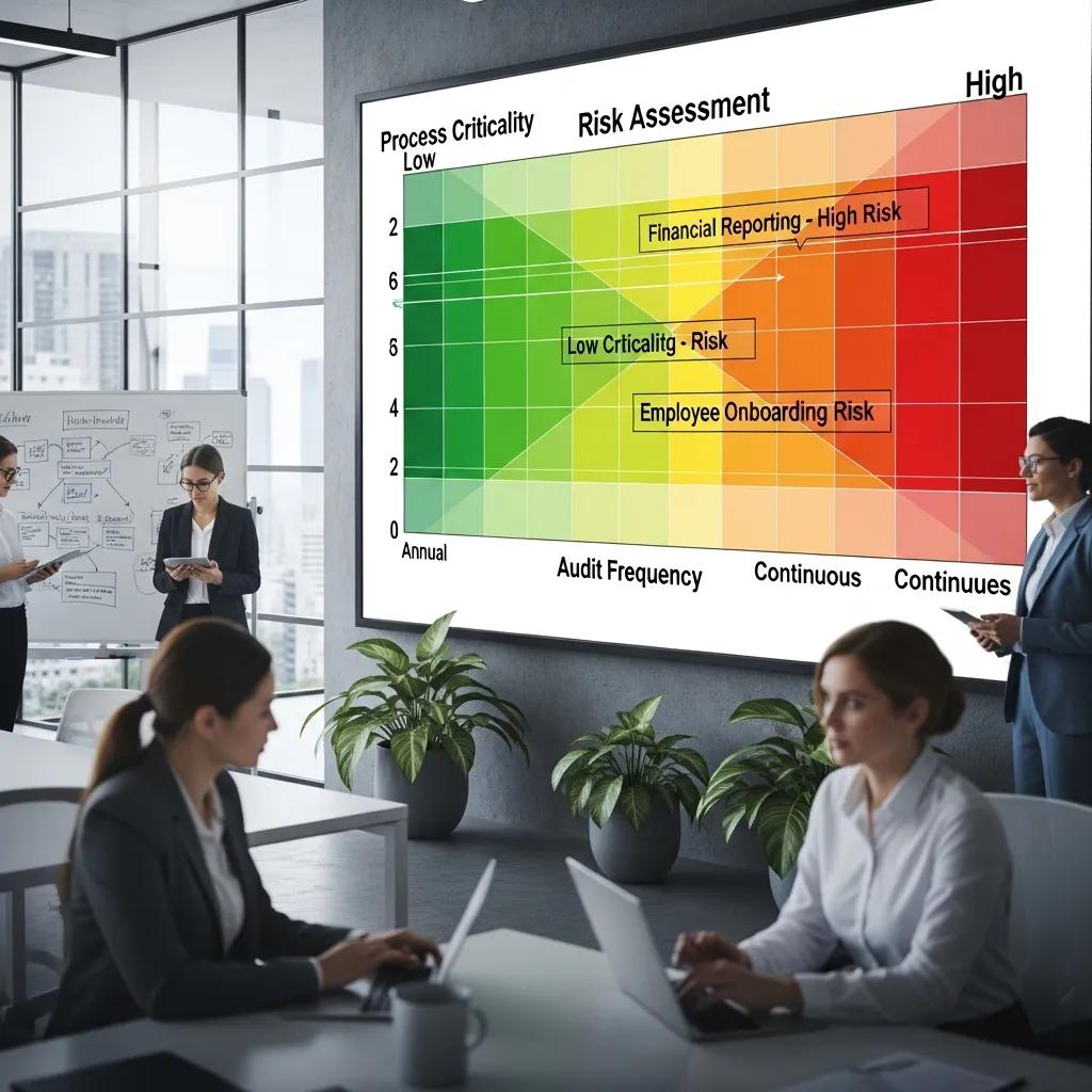 Digital risk assessment matrix illustrating factors influencing internal audit frequency