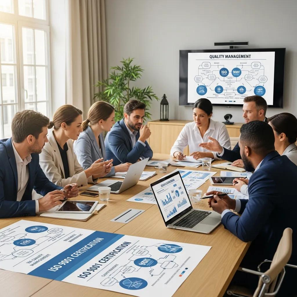Diverse business team collaborating on quality management principles in a modern office setting