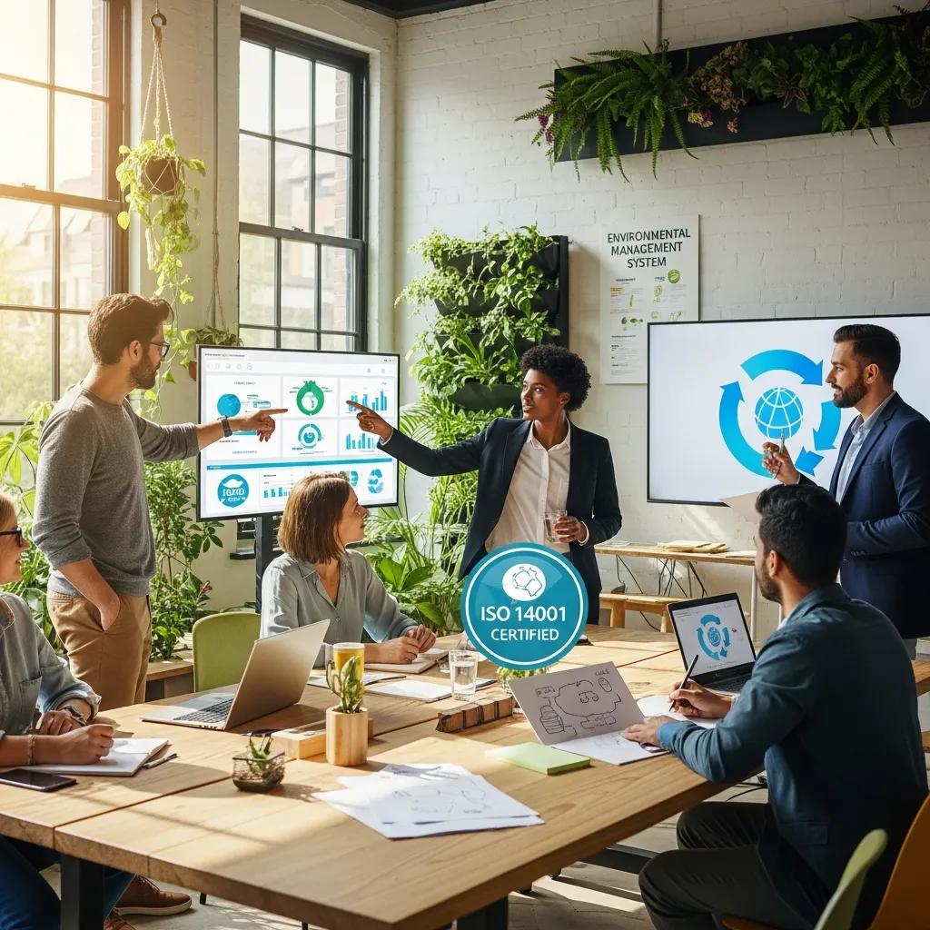 Diverse professionals collaborating in an eco-friendly office, representing ISO 14001 environmental management