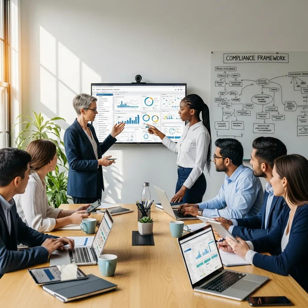 Diverse professionals collaborating on compliance management technology in a modern office
