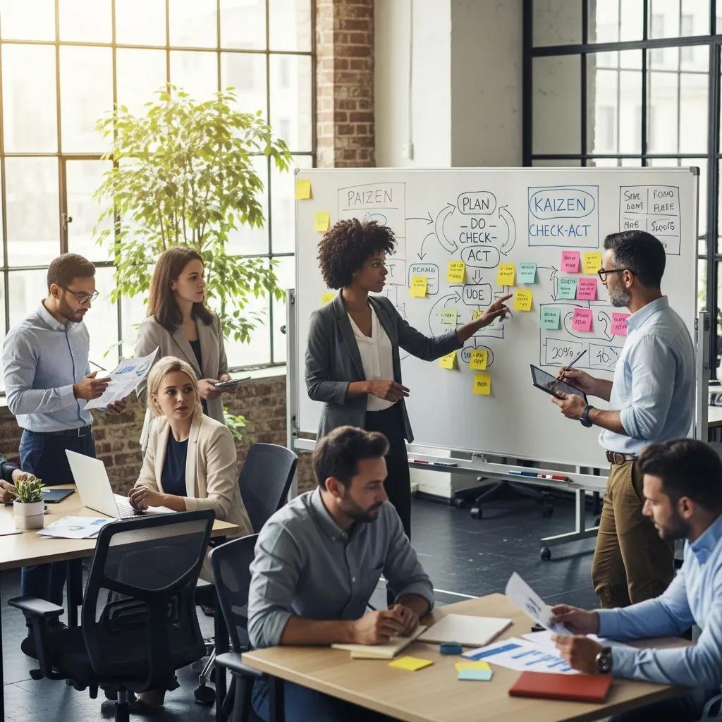 Diverse professionals collaborating on continuous improvement strategies in a modern office