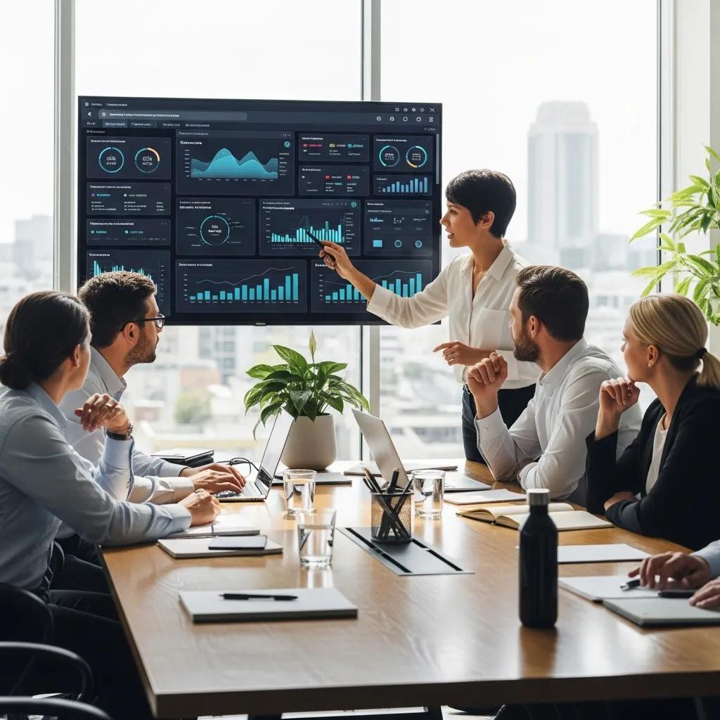 Diverse professionals collaborating on information security strategies in a modern office