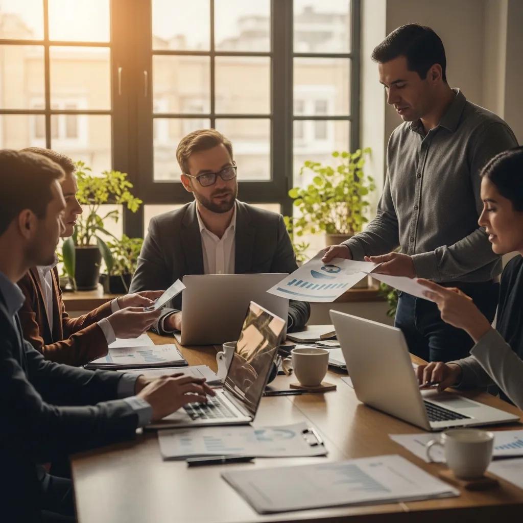 Diverse professionals discussing anti-money laundering compliance in a modern office setting